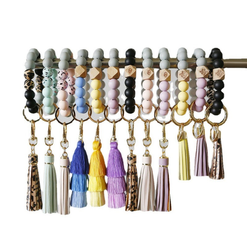 Wholesale Silicone Wrist Handmade Beaded Leather Tassel Bracelet Keychains